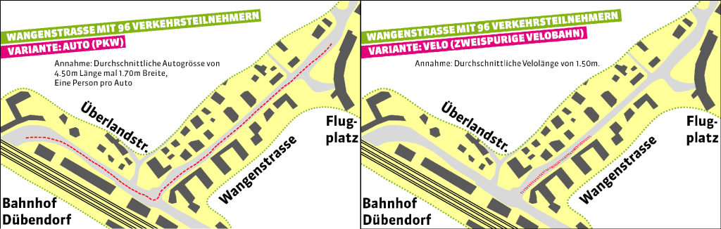 Situationsplan: Vergleich Platzverbrauch von 96 PKWs und 96 Velos (Grüne Stadt Dübendorf)