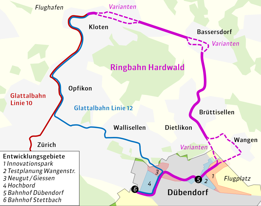 Situationsplan: Bestehende Linien der Glattalbahn, geplante Verlängerung Ringbahn Hardwald und Lage der städtischen Entwicklungsgebiete (Grüne Stadt Dübendorf)