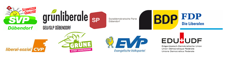 Bild: Logos von SVP, GEU/GLP, SP, BDP, FDP, CVP, Grüne, EVP & EDU Dübendorf