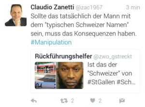 NR Claudio Zanetti twitterte ein falsches Täterfoto zum Amoklauf von Salez SG. (Screenshot Twitter)