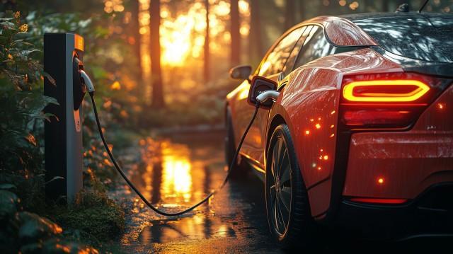 Symbolbild E-Mobilität: Ein Elektroauto ist mitten im Wald an eine Stromquelle angeschlossen (Marco Verch, ccnull.de)