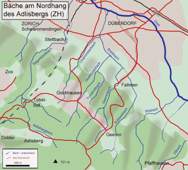 Karte: Die Bäche am Nordhang des Adlisbergs bei Gockhausen (Albinfo, CC BY-SA 4.0)