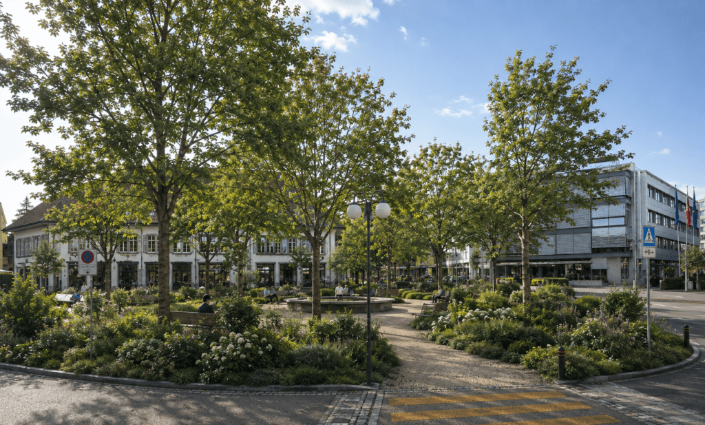 Visualisierung begrünter Adlerplatz vom Bushalt City Center aus gesehen (Foto: David Siems, bearbeitet mit KI)