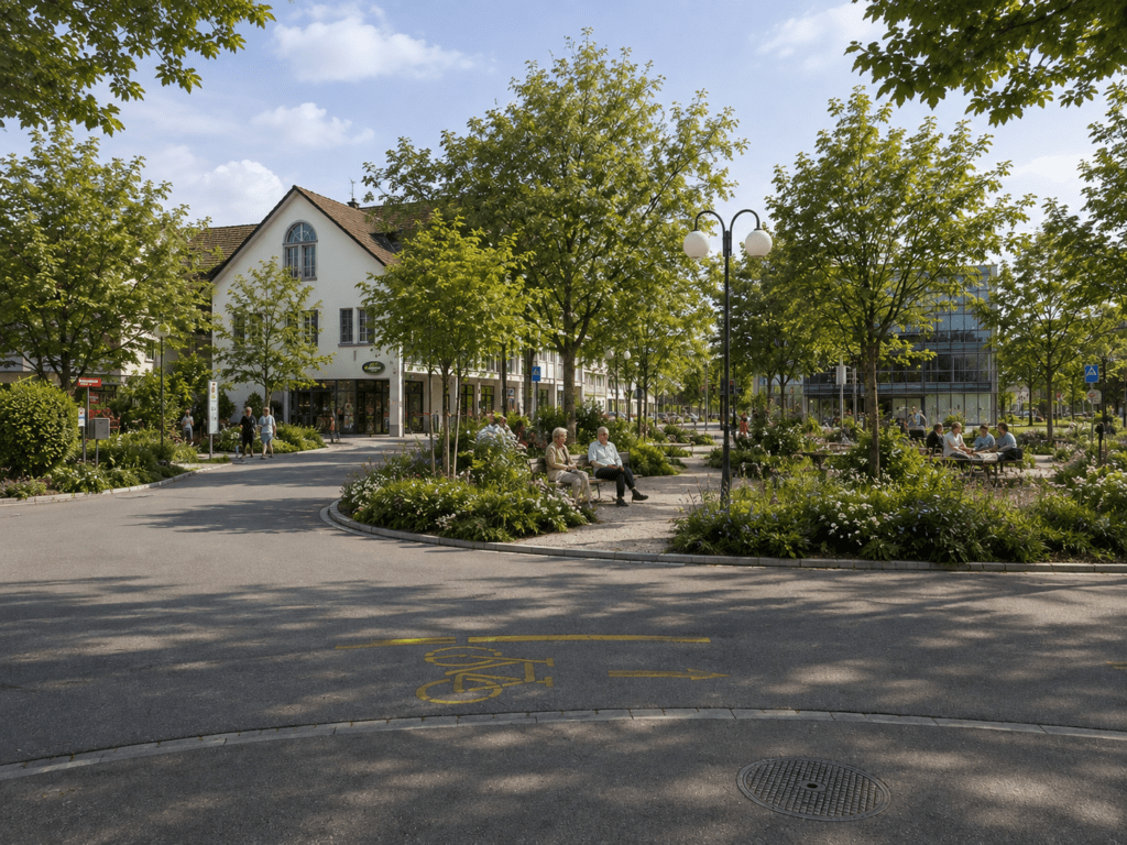 Visualisierung begrünter Adlerplatz vom Übergang zur Märtgass aus gesehen (Foto: David Siems, bearbeitet mit KI)